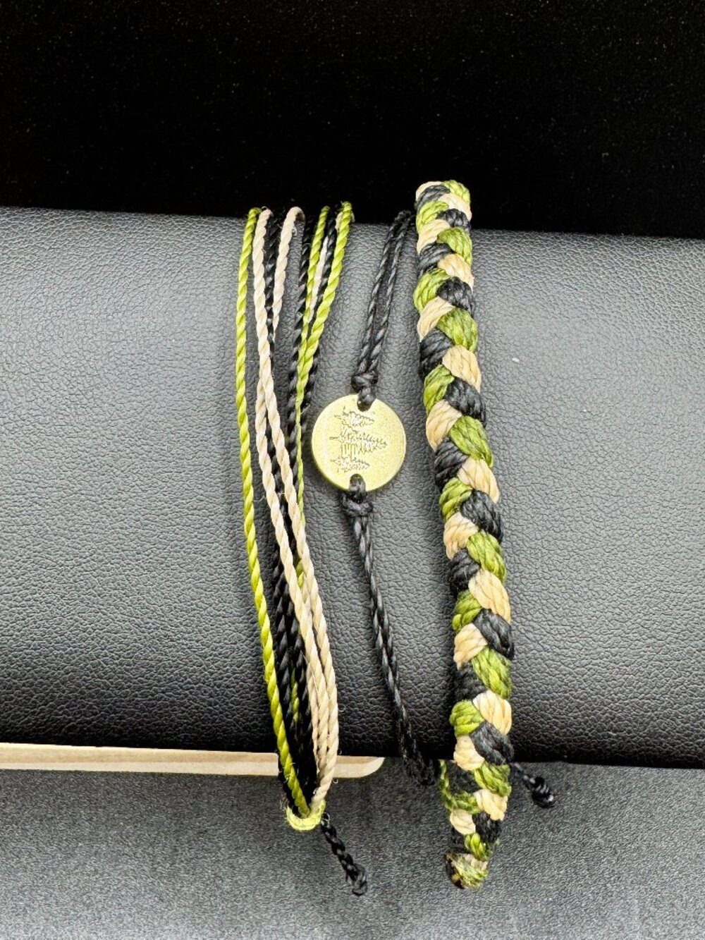 Pura Vida Gold Tree Logo Charm Black Green Cream Braided Cord Bracelet Stack